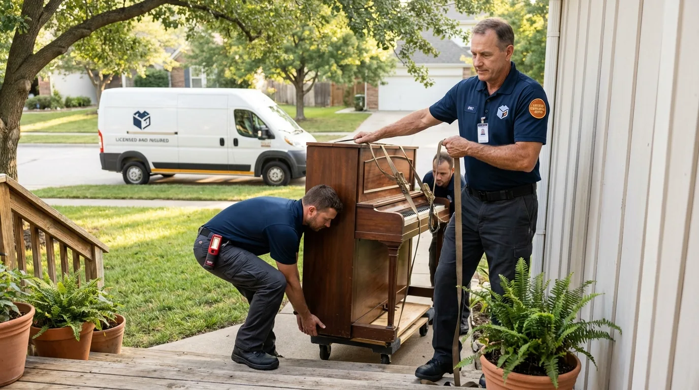 Licensed piano movers securing grand piano in Saratoga, WY
