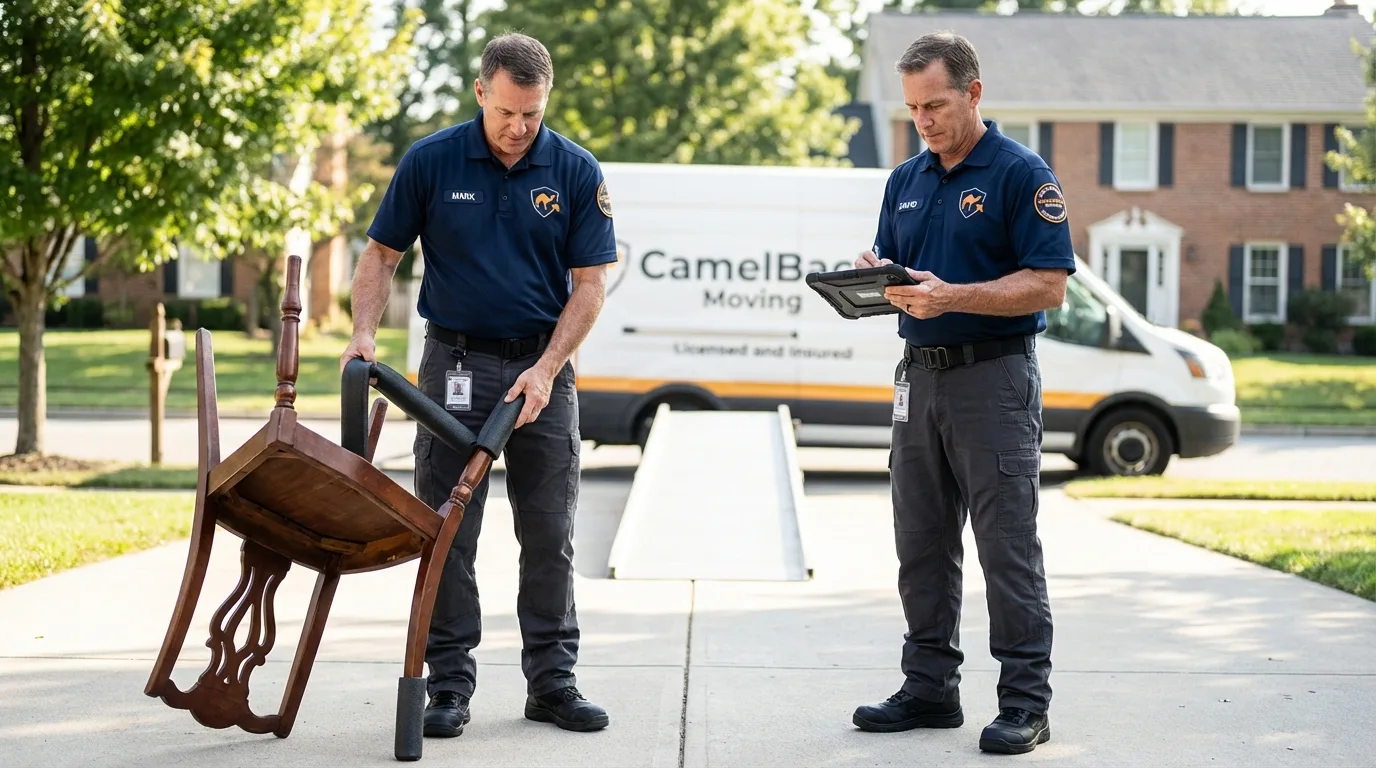 Movers inspecting furniture for damage prevention before loading in Saratoga, WY