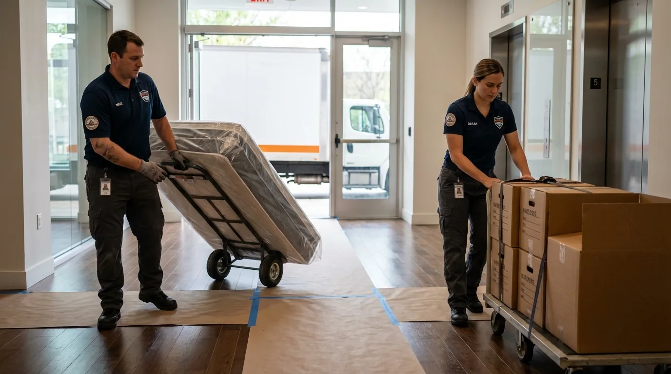 Professional apartment movers loading elevator in Saratoga, WY