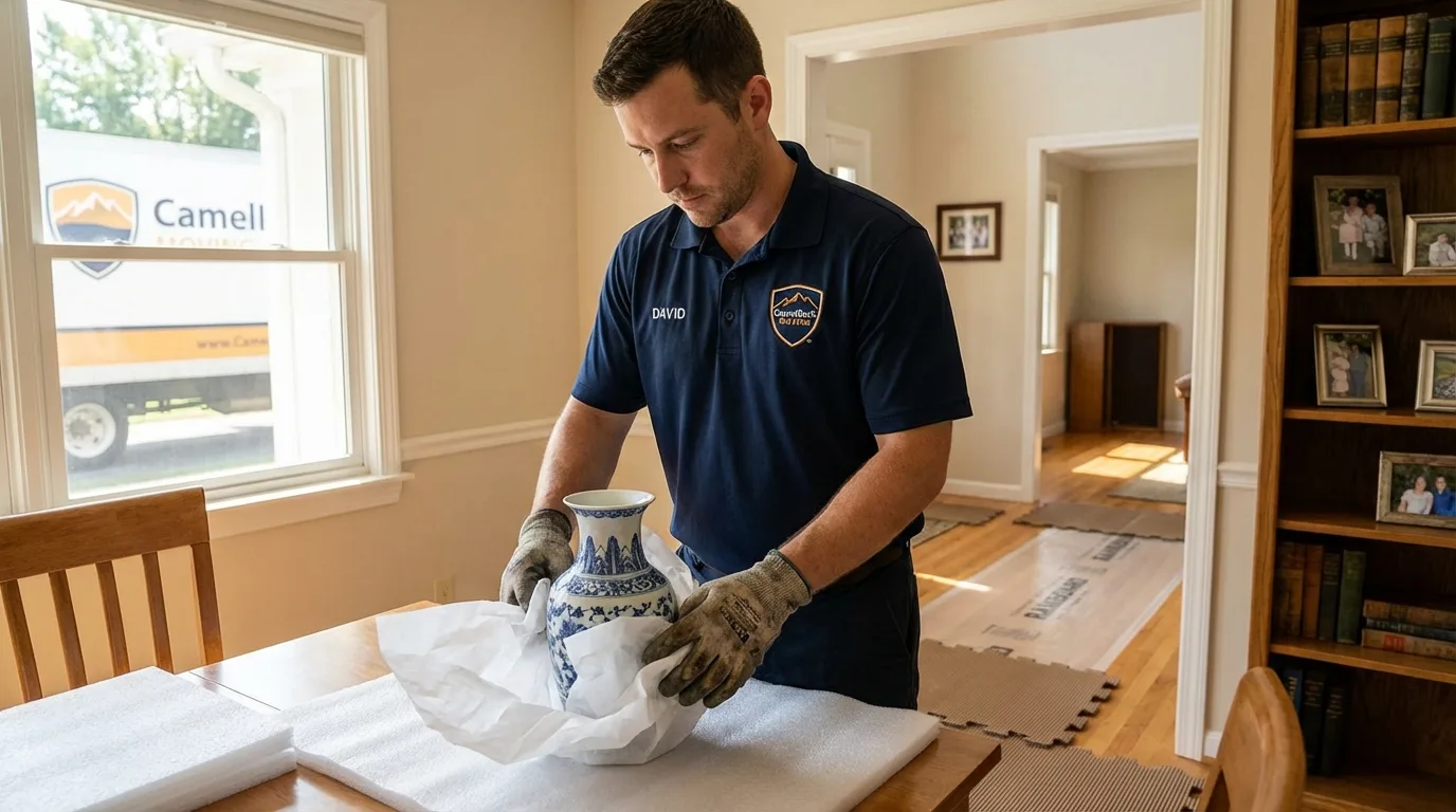 Professional crew carefully wrapping antique vase for senior downsizing move in Saratoga, WY